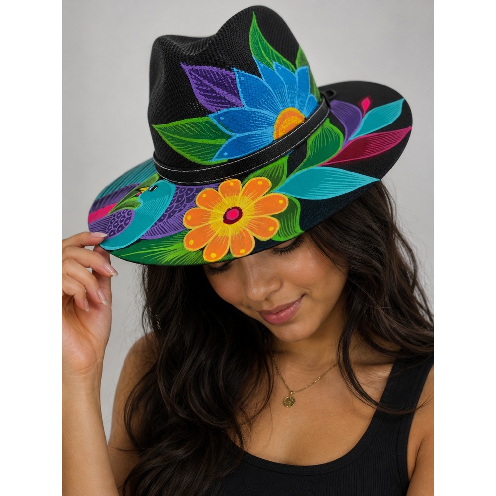 Mexican Artisan Hand Painted Black Floral Peacock Fedora Wide Brim Sun Hat NWT